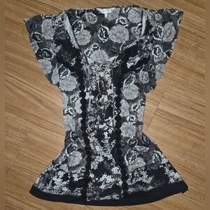 Womens Y2K Black/Gray/Silver Fairy Sequin Tie Back Blouse Size 14 (Fits M best)